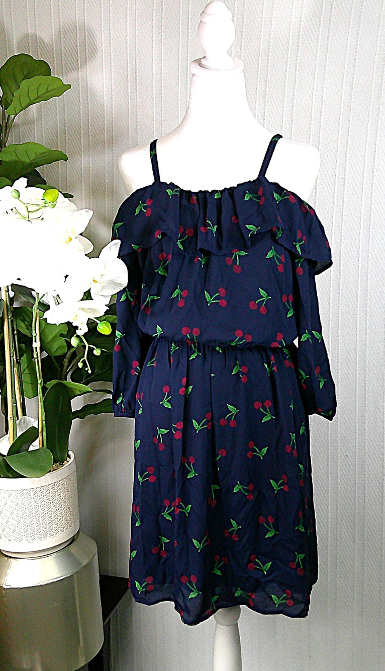 C By Charming Charlie Dress Navy Blue w/Red Cherry Print Cold Shoulder-Women's M